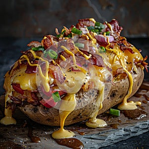 Baked potato covered in cheese and bacon