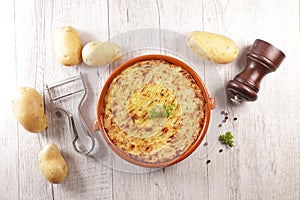 Baked potato, minced beef- traditional hachis parmentier- shepherd`s pie