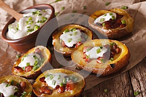 Baked potato skins with cheese, bacon and sour cream close-up. H