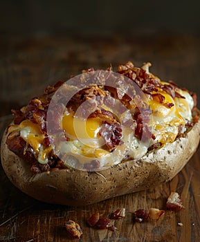 Baked potato topped with bacon and cheese
