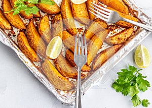 Baked Potato Wedges in a Cast Iron Skillet with Tomato Ketchup, Cilantro and Lemon photo