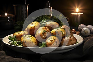 Baked potatoes with herbs. Generative AI