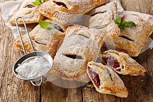 Baked puff cherry pies with powdered sugar and mint close-up. Horizontal
