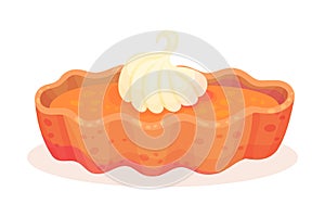 Baked Pumpkin Pie with Whipped Cream on Top as Thanksgiving Day Attribute Vector Illustration