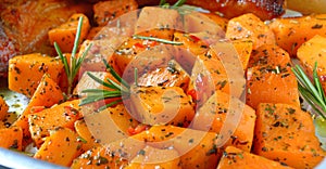 Baked pumpkin pieces with spices and herbs. Diet menu. Vegetarian dish. Close-up