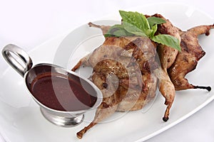 Baked quail on a white plate with sauce photo