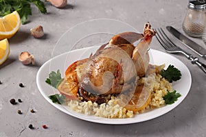 Baked quails with lemon and orange served with bulgur on a white plate on a gray background, Closeup.