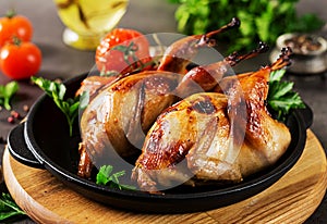 Baked quails in pan on a dark background photo