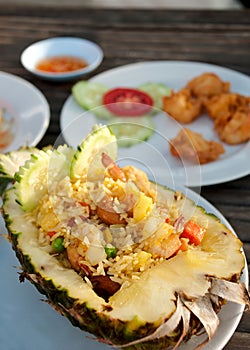 Baked rice served in a pineapple