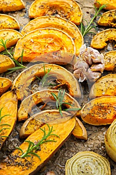 Baked roasted grilled orange pumpkin butternut squash and sweet potato