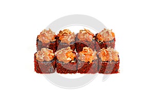 baked roll with salmon black rice and red masago on white background for restaurant menu 1