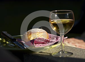 Baked roll and white wine