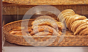 Baked rolls in rattan basket