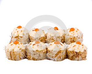 baked rolls with tuna shavings on white background for restaurant website menu