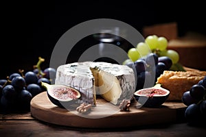 Baked, round camembert cheese, toasted bread, walnut, grape and fresh figs rustic composition on cutting board on wooden