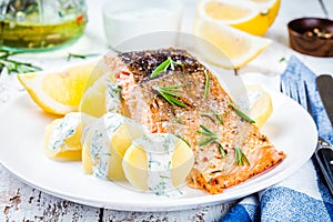 Baked salmon fillet and boiled potatoes