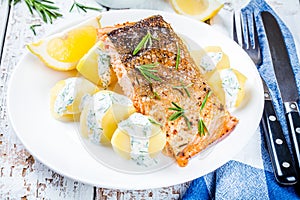 Baked salmon fillet and boiled potatoes