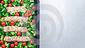 Baked salmon fillet with broccoli and tomato on frying tray, horizontal, top view, copy space