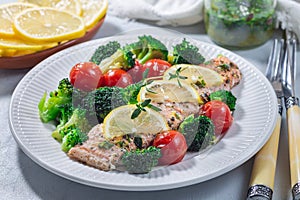 Baked salmon fillet with broccoli and tomato on plate, salmon steak with vegetables, horizontal