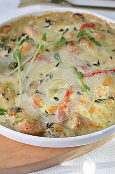 Baked Salmon Fillet in Creamy Sauce with Vegetables, Fish Pie, Casserole