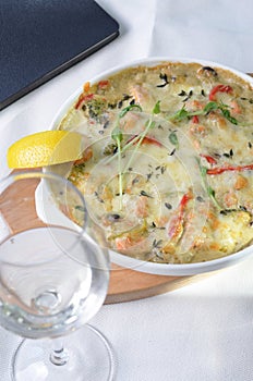 Baked Salmon Fillet in Creamy Sauce with Vegetables, Fish Pie, Casserole