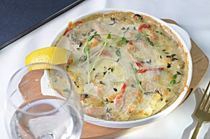 Baked Salmon Fillet in Creamy Sauce with Vegetables, Fish Pie, Casserole