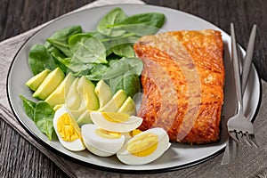 Baked salmon fillet with eggs , spinach, avocado