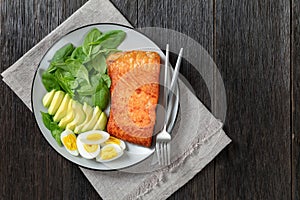 Baked salmon fillet with eggs , spinach, avocado