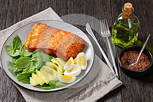 Baked salmon fillet with eggs , spinach, avocado