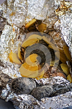 Baked salmon fish in foil. Tasty dish, cooked with potatoes and dill.