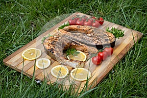 Baked salmon fish steak with tomatoes, herbs, lemon slice and spices. Smoked trout on green grass. Grilled seafood with vegetables