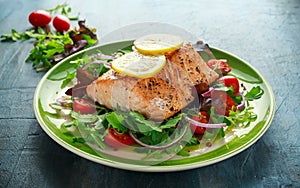 Baked salmon steak with tomato, onion, mix of green leaves salad in a plate. healthy food