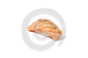 Baked salmon sushi isolated on white background Simple sushi with fresh salmon fillet in minimal style. Japanese food - susi with