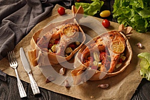 Baked salmon with vegetables on a dark background