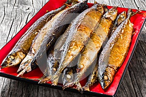 Baked saury on a red rectangular dish , close-up top view