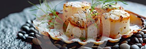 Baked Scallop in Scallops Shell, Gourmet Seafood Exquisitely Served on Sea Pebbles Closeup