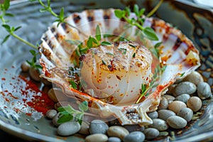 Baked Scallop in Scallops Shell, Gourmet Seafood Exquisitely Served on Sea Pebbles Closeup