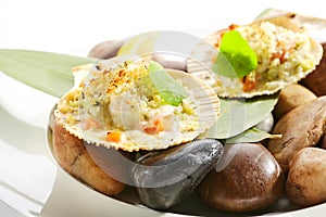 Baked Scallop in Scallops Shell with Spices Isolated