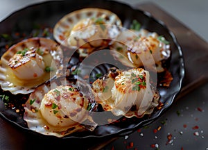 Baked scallops in seashells with sauce and spices on a black stone plate on a dark background. Seafood. Top view