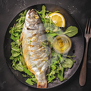 Baked sea bass with green salad, keto friendly, top view