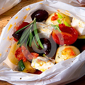 Baked small dumplings with zucchini tomatoes and diced sheep`s cheese