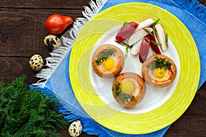 Baked small flavorful bun with bacon, cheese, quail egg and greens.