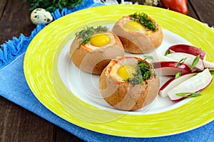 Baked small flavorful bun with bacon, cheese, quail egg and greens