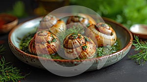 Baked snails with garlic and herbs on a dark background. Eco-farm of grape snails. Delicacies and unusual dishes.