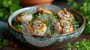 Baked snails with garlic and parsley on a wooden background. Eco-farm of grape snails. Delicacies and unusual dishes.