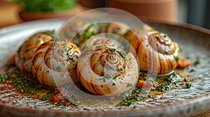 Baked snails with herbs on a plate, close-up. Eco-farm of grape snails. Delicacies and unusual dishes.