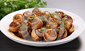 Baked snails with parsley on a white plate closeup.