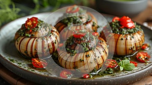 Baked snails with pesto sauce on plate, closeup. Eco-farm of grape snails. Delicacies and unusual dishes.