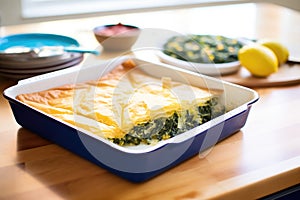 baked spanakopita in a pan, ready to serve