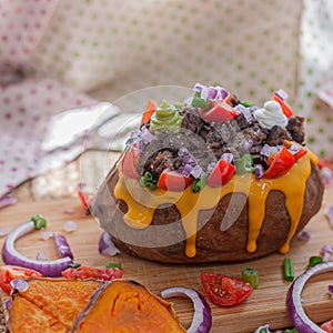 Baked and stuffed sweet potato